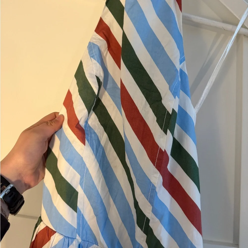 Maeve Halter Midi Dress in Light Blue, Olive & Rust Stripe - Picture 3 of 5